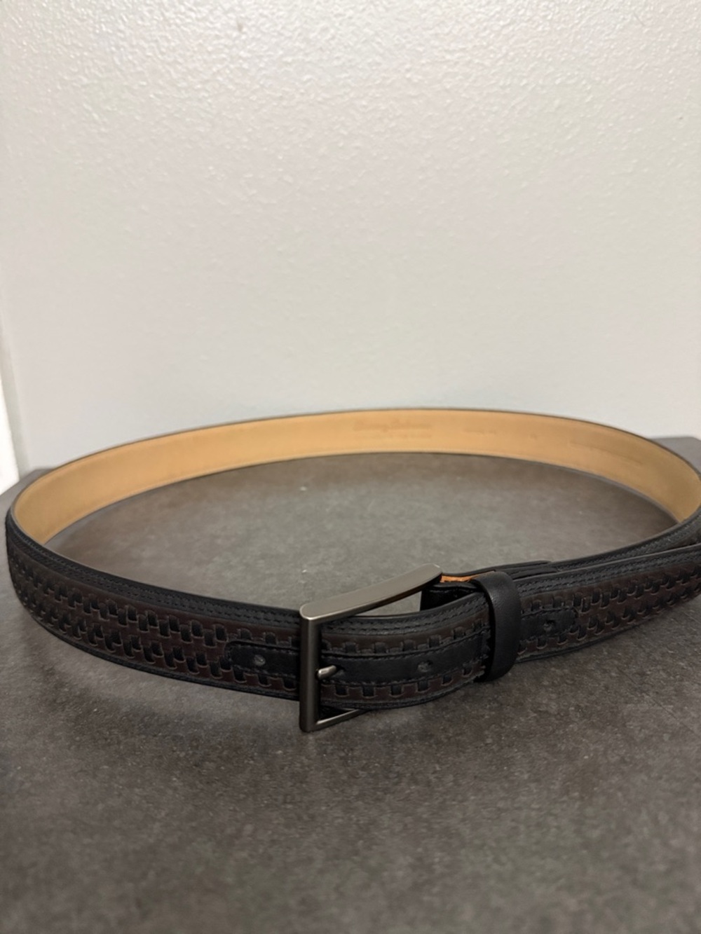 Preloved Tommy Bahama Dark Brown Woven Leather Belt with Gunmetal Buckle